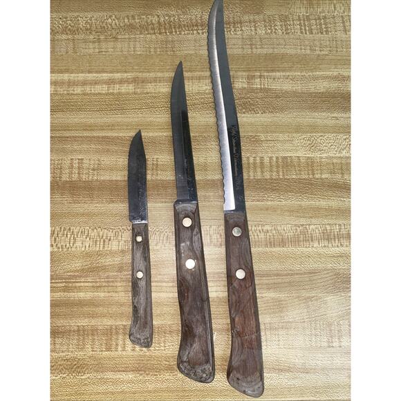 Vintage Set of 3 Flint Stainless Vanadium Knives Wood Handles USA - Picture 1 of 7